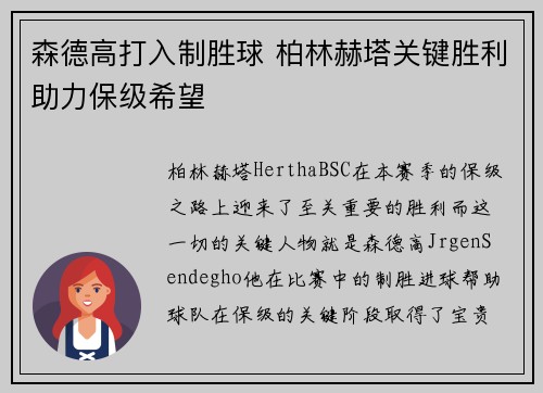 森德高打入制胜球 柏林赫塔关键胜利助力保级希望