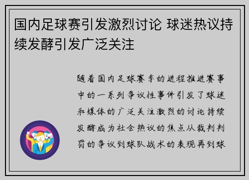 国内足球赛引发激烈讨论 球迷热议持续发酵引发广泛关注