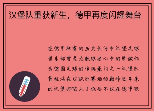 汉堡队重获新生，德甲再度闪耀舞台