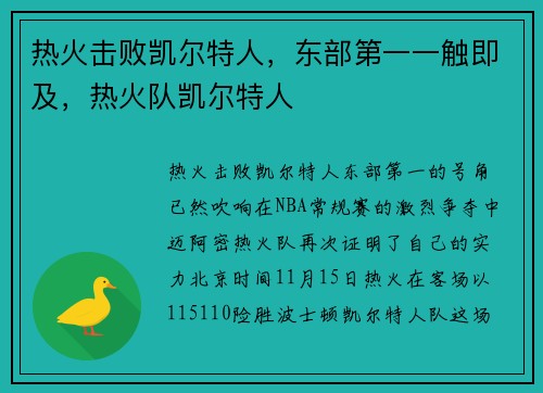 热火击败凯尔特人，东部第一一触即及，热火队凯尔特人