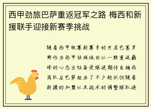 西甲劲旅巴萨重返冠军之路 梅西和新援联手迎接新赛季挑战